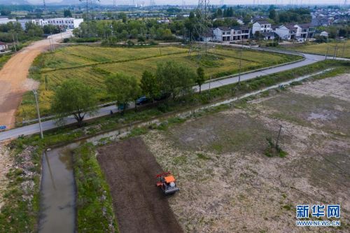 在东林镇保永村，种植户操作旋耕机耕地，准备播种水稻（5月7日摄，无人机照片）。